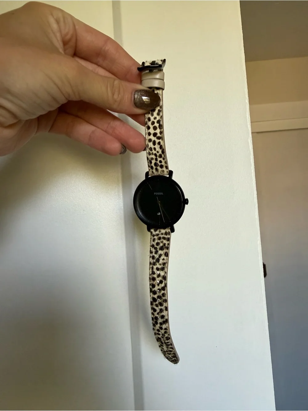Fossil Black Dial Watch with Leopard-Print Strap